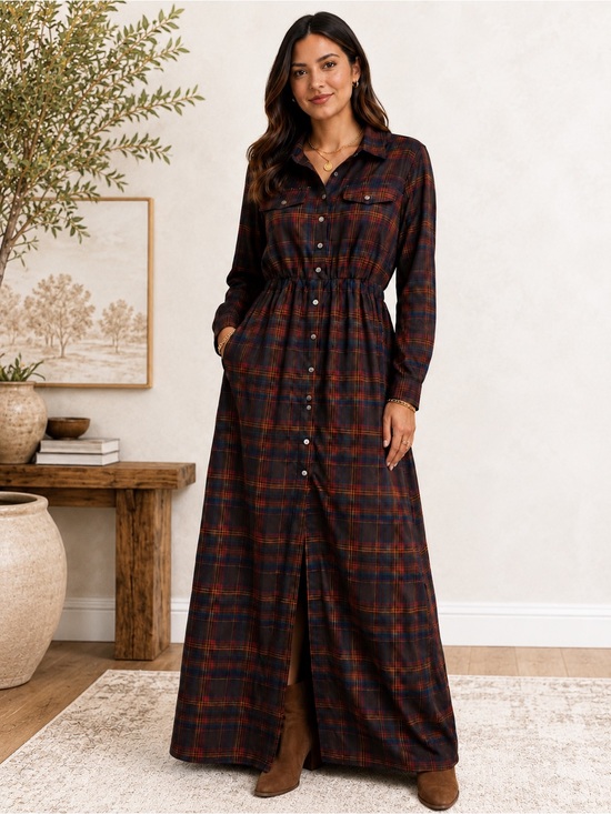 Dresses & Skirts - Button-Front Plaid Maxi Shirt Dress.